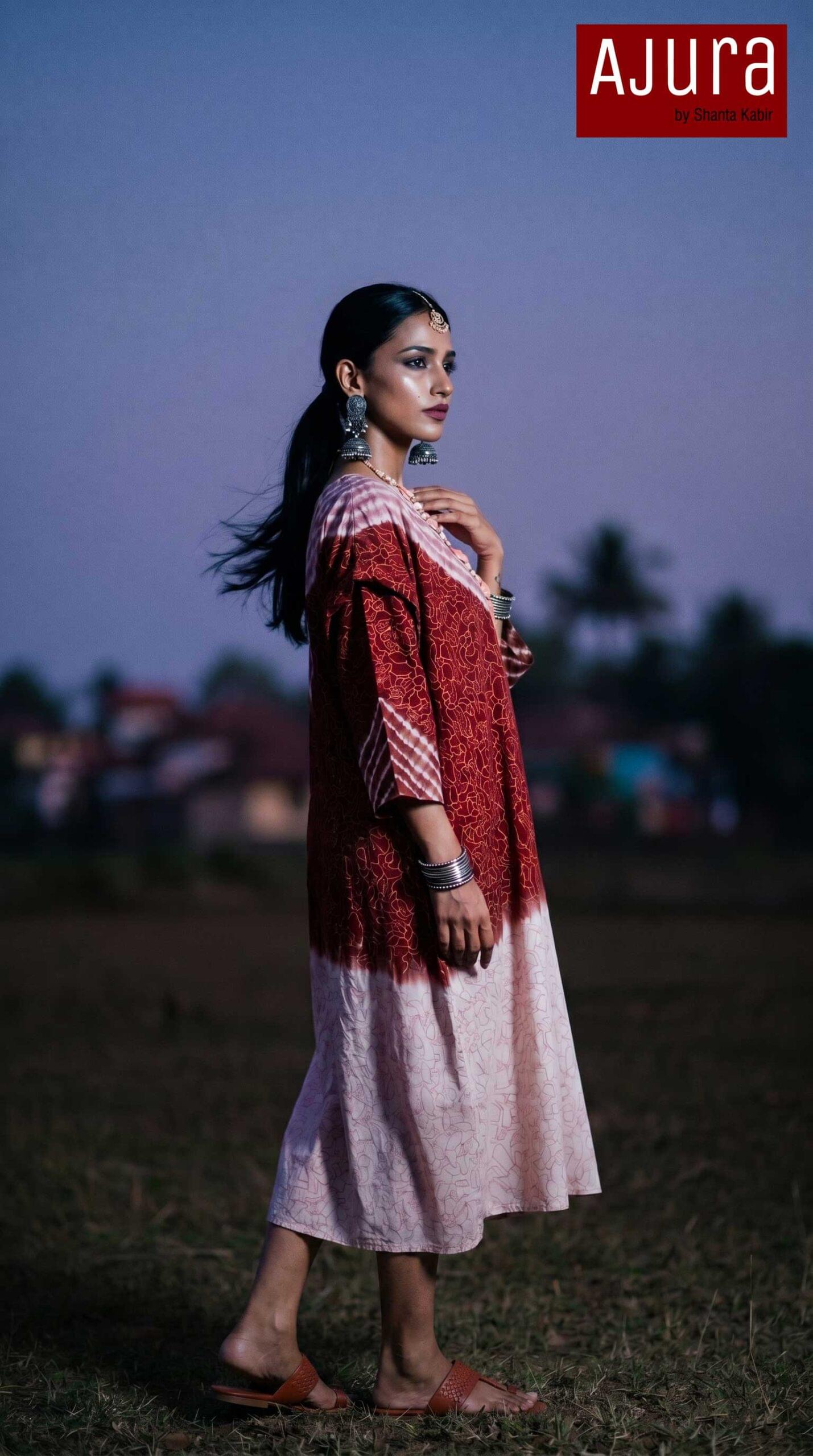 Oversized Dropped shoulder Kurta- Featuring shibori brick red-cream ombré - Image 3